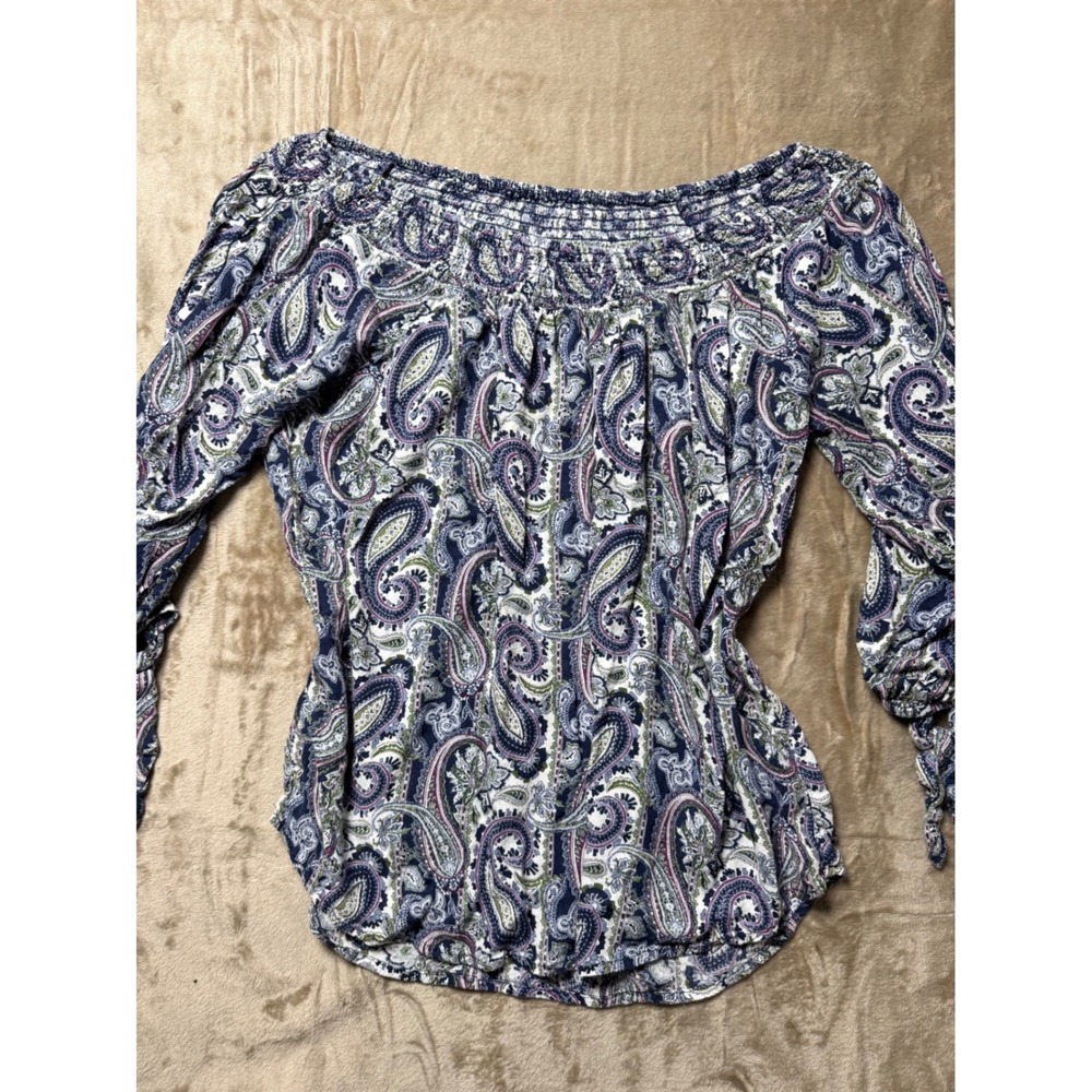 Westport 1962 Womens Blue Paisley Smocked Blouse Top Size L Western Boho